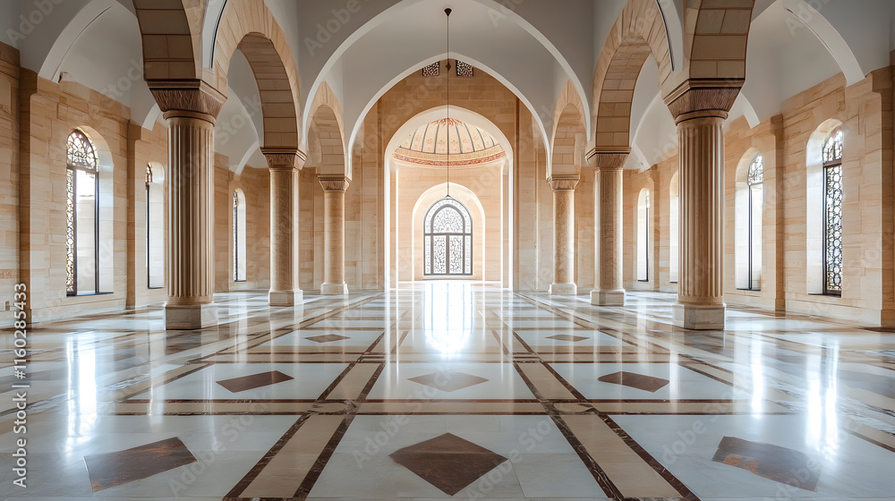 Fototapeta premium Elegant Grand Hallway with Spacious Columns and Expansive Marble Floor : Generative AI