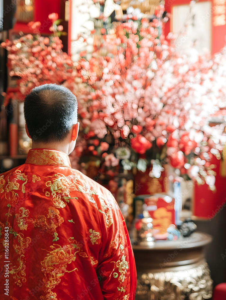 Rear View of Man in Traditional Chinese Attire in Ornate Cultural Setting : Generative AI Rear View of Man in Traditional Chinese Attire in Ornate Cultural Setting : Generative AI