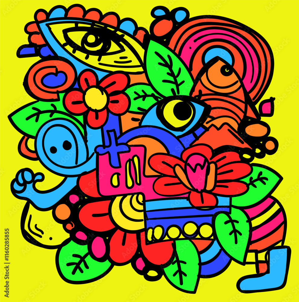 crazy Abstract hand drawing characters elements and shapes. Bright colors Cartoon style. Vector Illustration crazy Abstract hand drawing characters elements and shapes. Bright colors Cartoon style. Vector Illustration