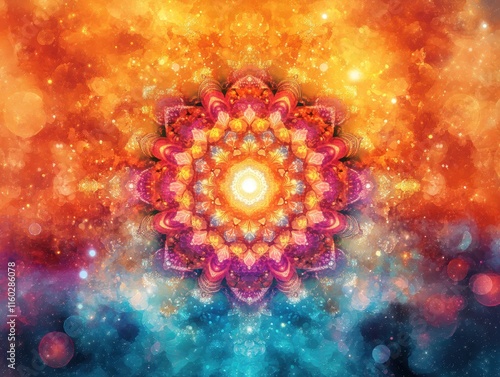 Sacred geometry mandala portal of cosmic energy flow vibrant cosmic landscape spiritual abstract art