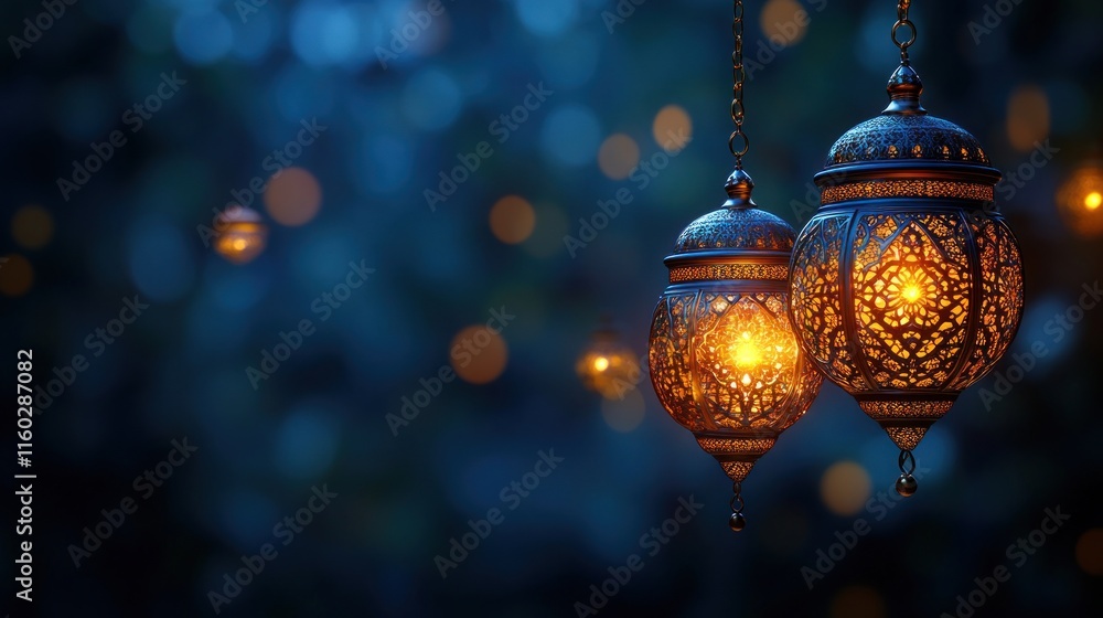 Fototapeta premium Illuminated lanterns hanging against a bokeh background.