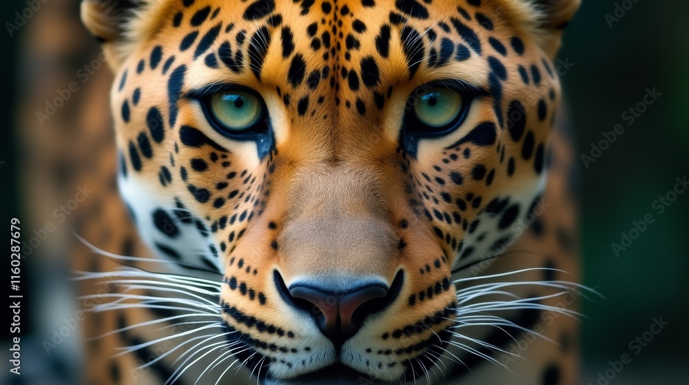 Obraz premium close-up of a leopard's face, highlighting its striking green eyes and intricate patterns of its fur