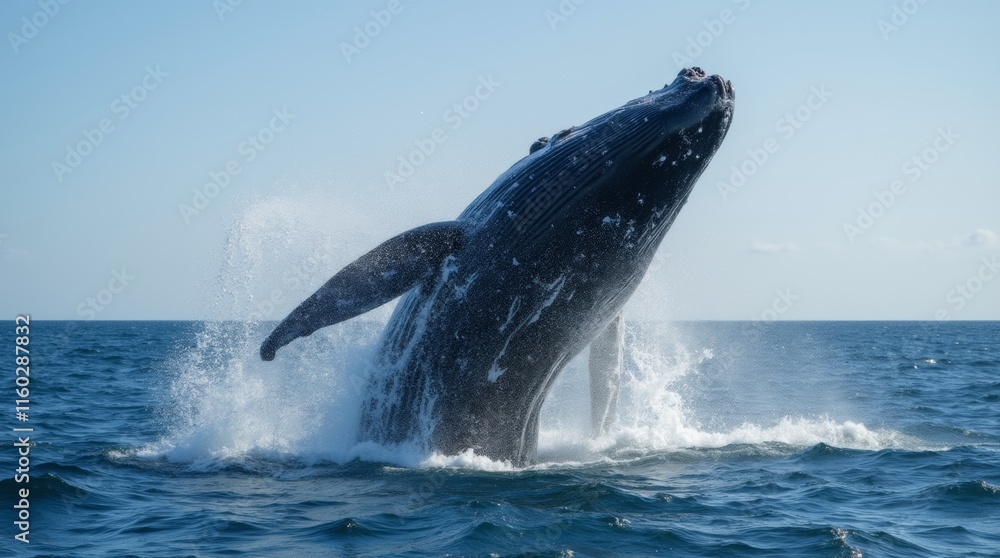 Fototapeta premium A stunning close-up of a whale breaching the surface of the ocean, capturing the powerful moment as water splashes around it, showcasing the beauty of marine life