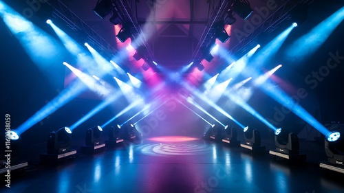 A vibrant stage illuminated with dynamic beams of colorful light photo