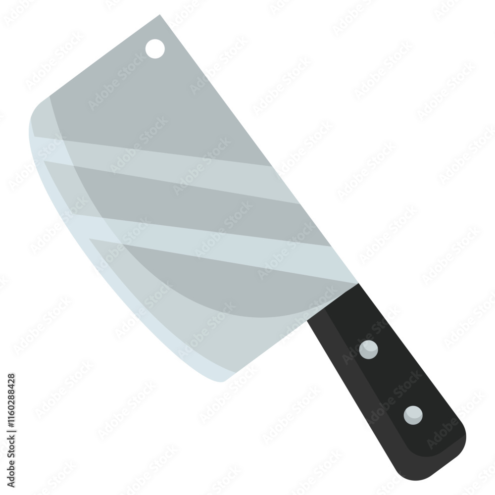 illustration of a meat cleaver with a large, rectangular silver blade and a black handle with two silver rivets. The blade has a hole near the top corner for hanging. illustration of a meat cleaver with a large, rectangular silver blade and a black handle with two silver rivets. The blade has a hole near the top corner for hanging.