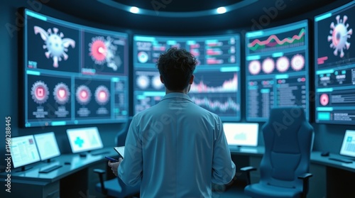 Monitoring covid-19 data trends health analytics center infographic dashboard digital environment back view data visualization