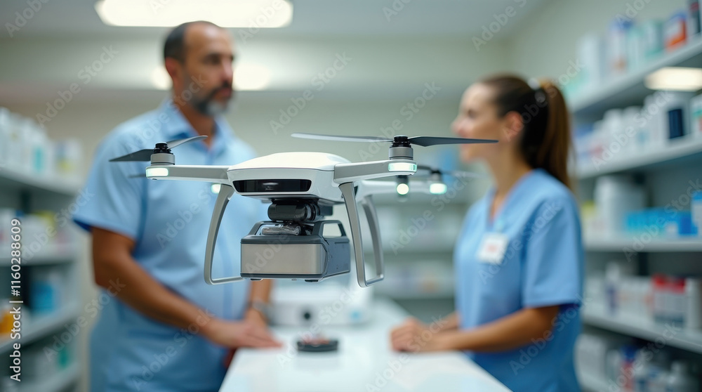 Drone delivery in pharmacy healthcare setting action scene indoor environment professional perspective for efficient logistics Drone delivery in pharmacy healthcare setting action scene indoor environment professional perspective for efficient logistics
