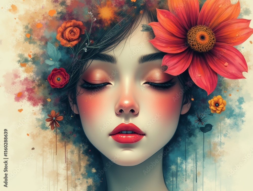woman face surrounded by abstract flowers, blending colors and shapes to create a dreamlike and imaginative effect woman face surrounded by abstract flowers, blending colors and shapes to create a dreamlike and imaginative effect
