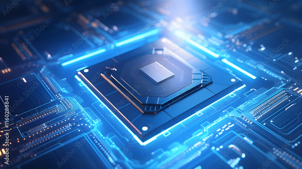 Futuristic Microchip Processor with Illuminated Blue Background, High-Tech Quantum Computer Concept for Advanced Data Processing and Database Management. Futuristic Microchip Processor with Illuminated Blue Background, High-Tech Quantum Computer Concept for Advanced Data Processing and Database Management.