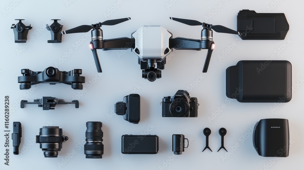 Obraz premium Drone, camera, and accessories flat lay.