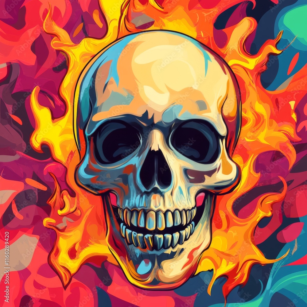 Fototapeta premium Colorful skull engulfed in vibrant flames.