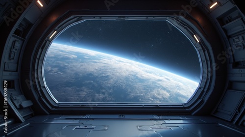 Fototapeta Naklejka Na Ścianę i Meble -  Interior of a spaceship with a large window overlooking Earth and stars.