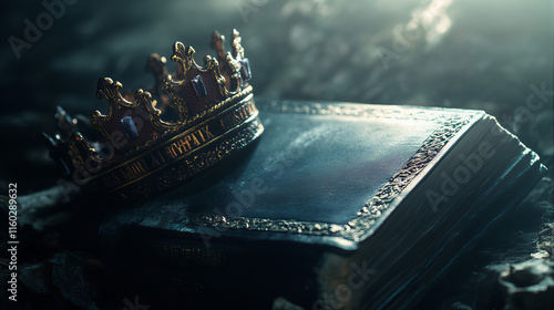 Vintage medieval king and queen crown placed on a book.  photo