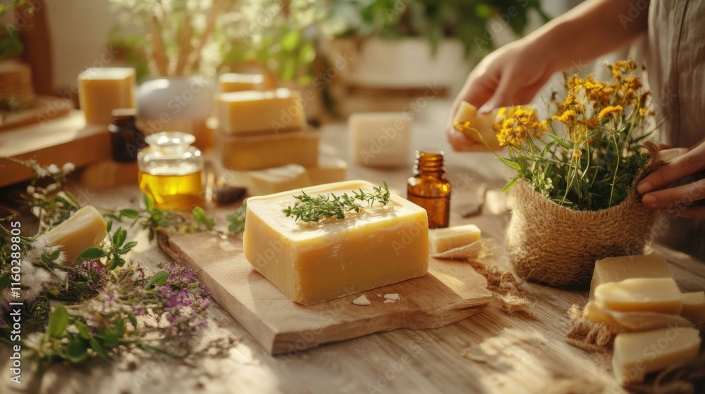 Handmade Soap Preparation with Fresh Herbs and Natural Ingredients