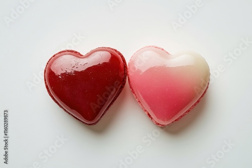 A pair of heart-shaped macarons in pink and red tones, placed side by side on a white background photo