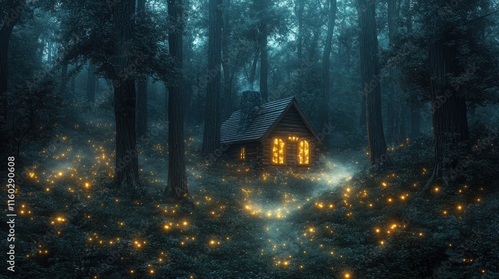 Enchanted forest cabin, glowing lights. Enchanted forest cabin, glowing lights.