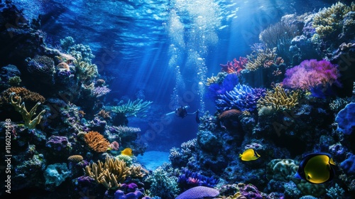 Fototapeta Naklejka Na Ścianę i Meble -  An underwater diving gear display in a vibrant coral reef, Scuba equipment surrounded by diverse marine life and colorful corals, Coral reef exploration style