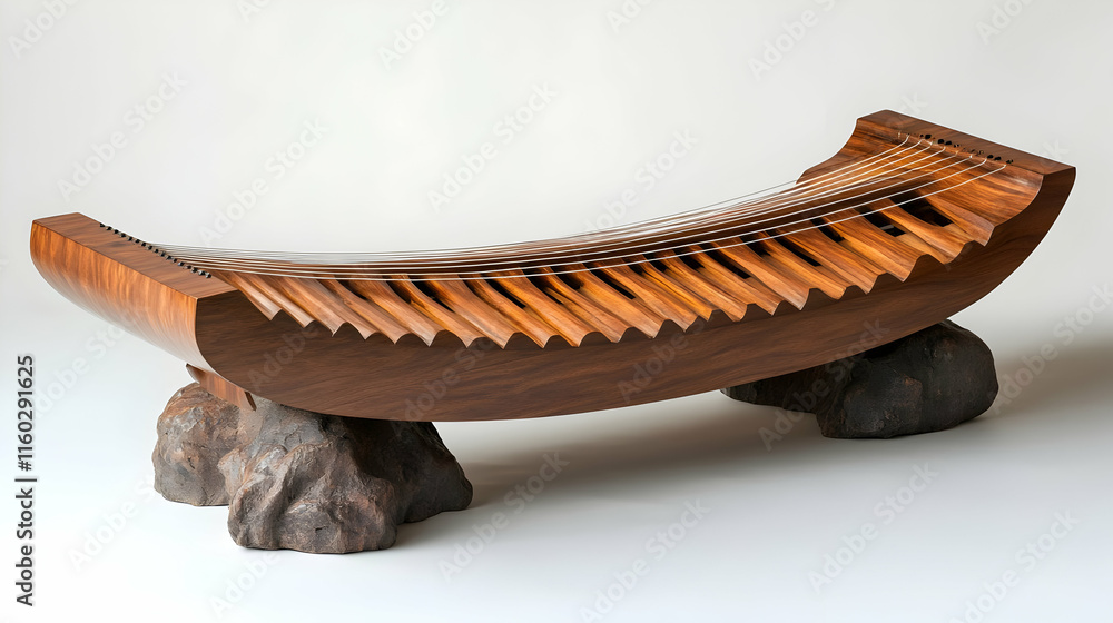 Obraz premium A beautifully crafted wooden instrument resembling a zither, designed for musical performance.