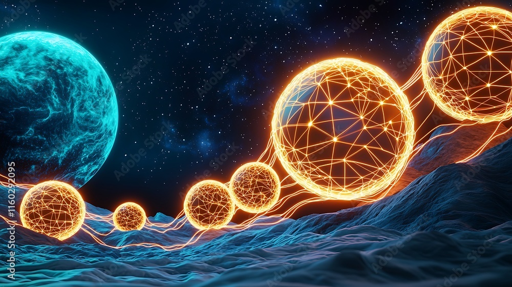 Energy Monitoring Double Exposure, Abstract Design of Remote Energy Monitoring with Double Exposure Effect Featuring Glowing Spheres and Cosmic Background Energy Monitoring Double Exposure, Abstract Design of Remote Energy Monitoring with Double Exposure Effect Featuring Glowing Spheres and Cosmic Background