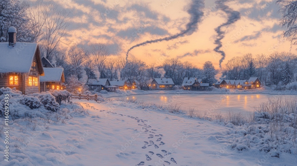 Snow-covered village, sunset, frozen lake, footprints. Snow-covered village, sunset, frozen lake, footprints.