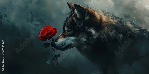 A wolf gently sniffs a dark red rose.