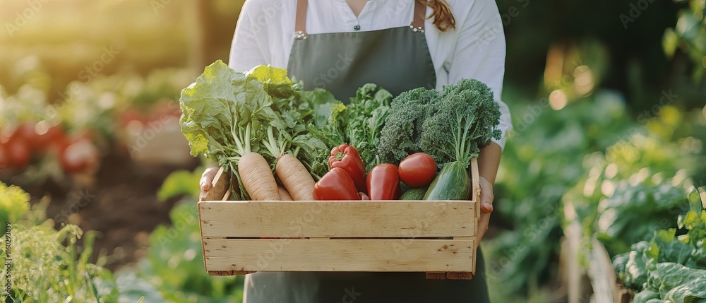 Female farmer holding crate of freshly picked organic vegetables in sustainable home garden, showcasing homegrown bio produce and eco-friendly farming practices