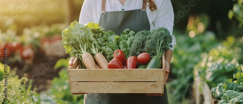 Obraz na płótnie Female farmer holding crate of freshly picked organic vegetables in sustainable home garden, showcasing homegrown bio produce and eco-friendly farming practices w salonie