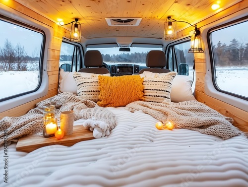 A van interior with a cozy, cabinlike feel, featuring woolen throws and lanternstyle lights photo