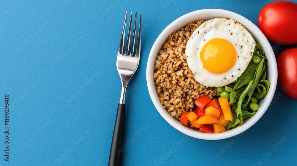 Healthy breakfast bowl with egg fresh vegetables and grains kitchen food photography vibrant blue background Healthy breakfast bowl with egg fresh vegetables and grains kitchen food photography vibrant blue background