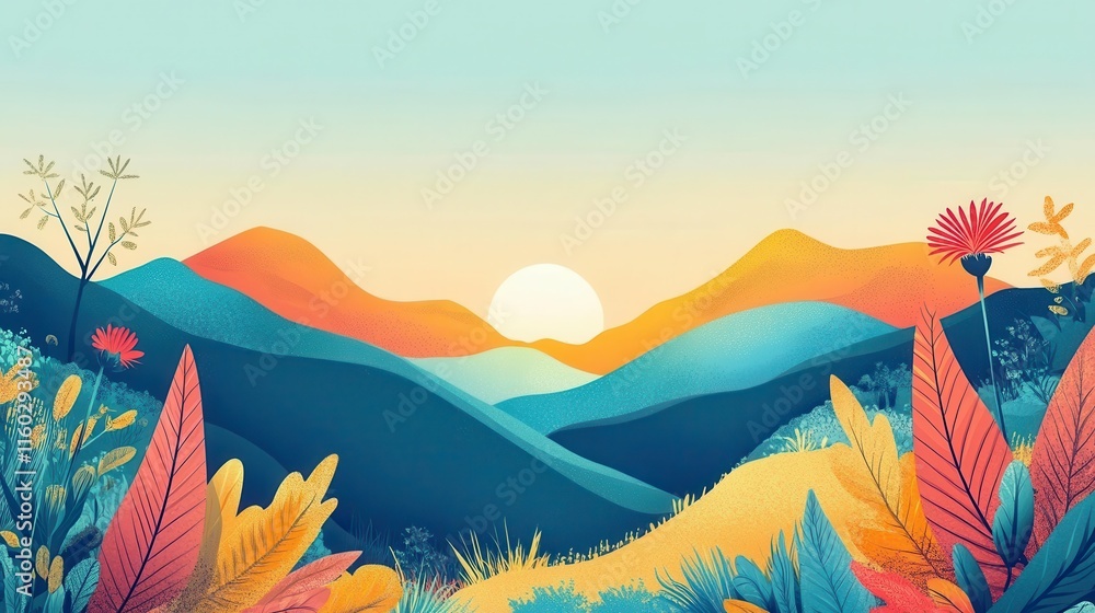 Abstract Mountain Landscape with Floral Elements and a Sun Abstract Mountain Landscape with Floral Elements and a Sun
