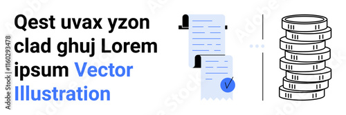 Receipt rolls and a blue checkmark next to a stacked coins pile. Ideal for finance, accounting, bookkeeping, business, expense tracking, auditing, and tax preparation. landing page