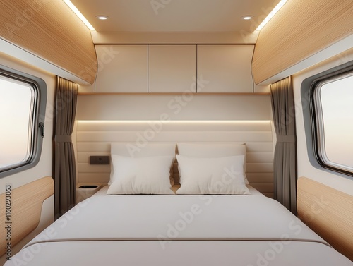 A luxurious van interior featuring a queensize bed, blackout curtains, and a minifridge photo