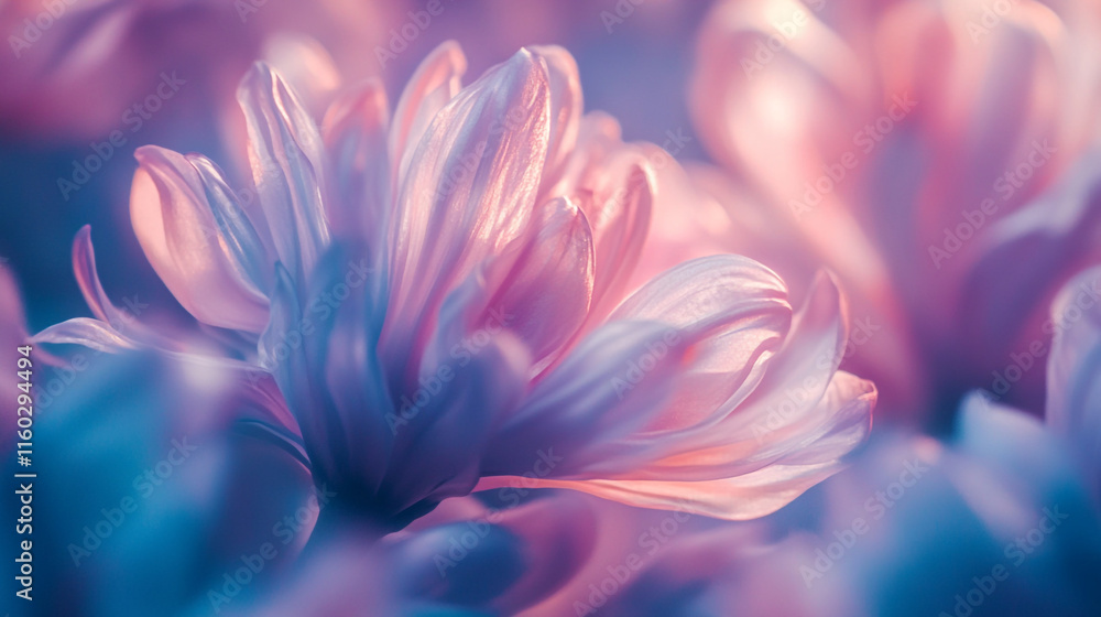 Delicate petals of flowers in soft hues capturing morning light in a garden Delicate petals of flowers in soft hues capturing morning light in a garden