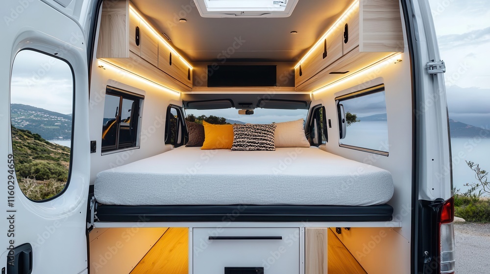 Fototapeta premium A modern van interior featuring a retractable bed, modular shelving, and smart lighting