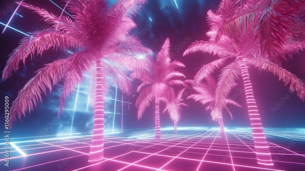 Fototapeta premium Pink neon palm trees in a retro grid landscape.
