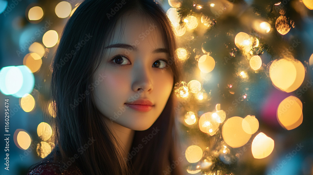 Young woman with soft expression surrounded by warm holiday lights in evening setting Young woman with soft expression surrounded by warm holiday lights in evening setting
