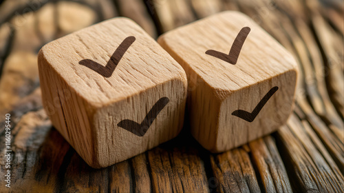 Wooden blocks with symbols. Wooden blocks on white background. Checklist project management wood blocks, online assessment, internal control, symbolic representation  photo