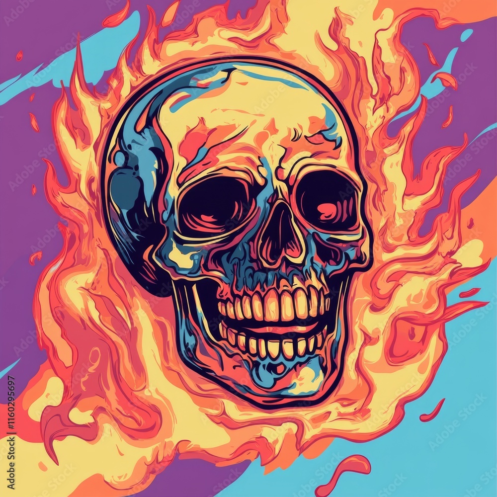 Flaming skull illustration with vibrant colors and detailed features. Flaming skull illustration with vibrant colors and detailed features.