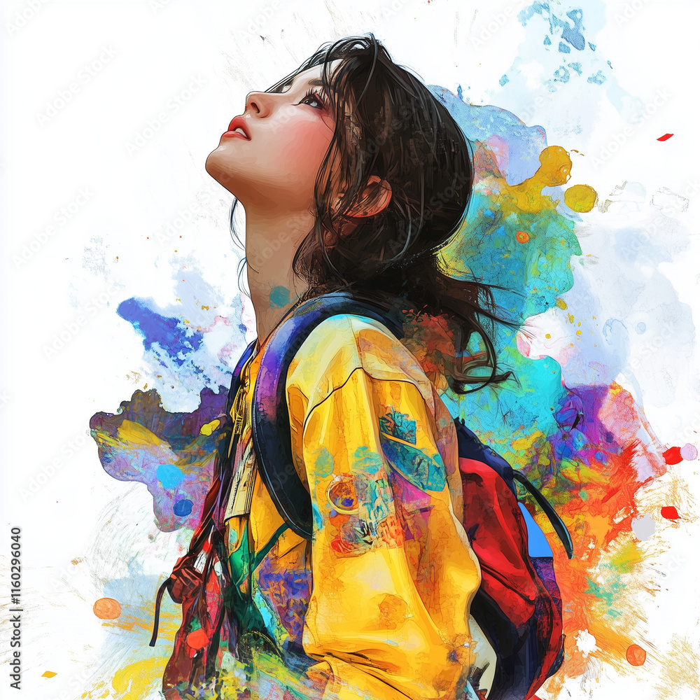A young woman in a vibrant yellow jacket with a backpack looks thoughtfully upwards. An artistic background with colorful strokes creates a dynamic and creative effect A young woman in a vibrant yellow jacket with a backpack looks thoughtfully upwards. An artistic background with colorful strokes creates a dynamic and creative effect