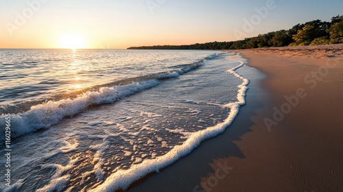 Wallpaper Mural A serene beach scene at sunset, showcasing gentle waves lapping at the sandy shore, surrounded by lush greenery and a warm golden sky. Torontodigital.ca