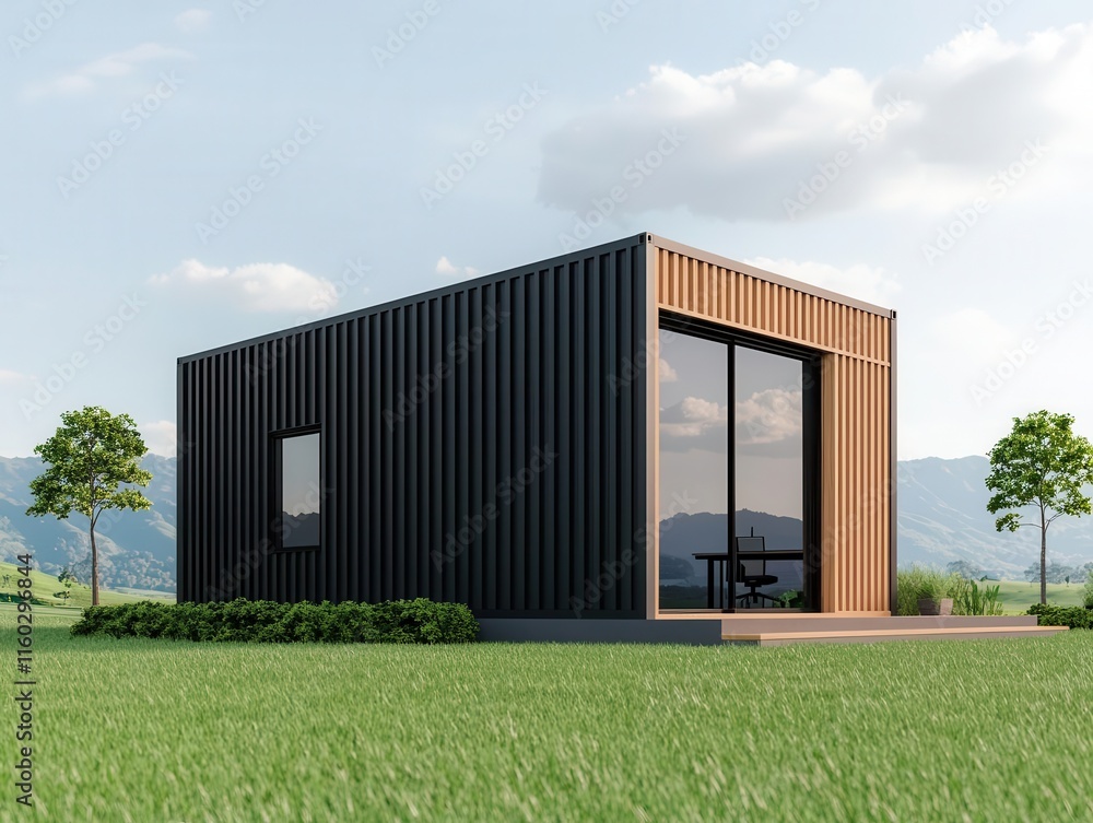 Container office in rural farmland, rustic materials, barnlike workspace Container office in rural farmland, rustic materials, barnlike workspace