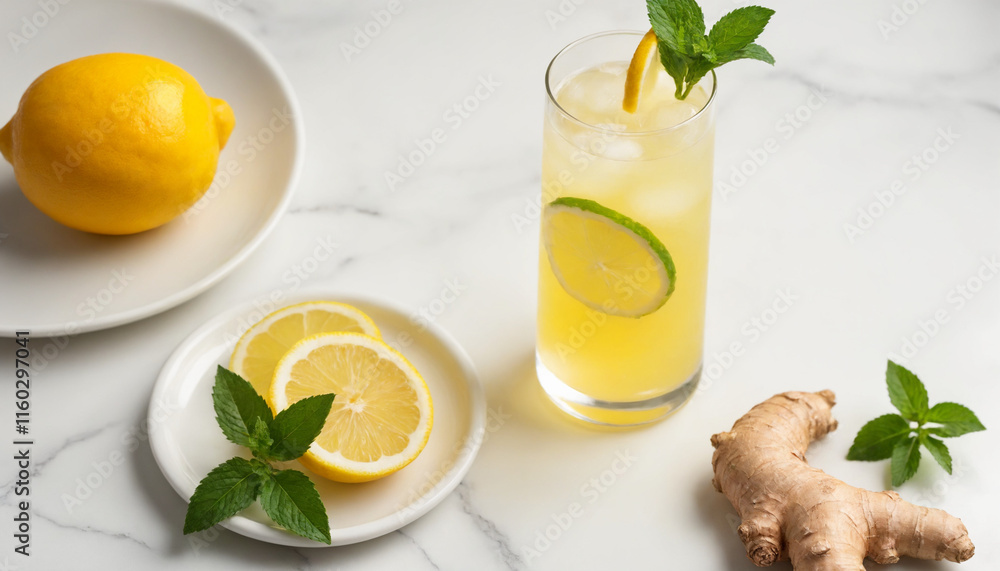 Refreshing ginger lemonade in a glass with copy space, in bright yellow and green, representing a healthy drink Refreshing ginger lemonade in a glass with copy space, in bright yellow and green, representing a healthy drink