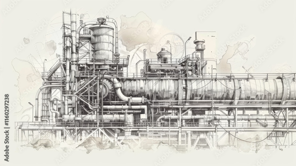 Obraz premium Intricate monochrome sketch of industrial machinery showcasing complex engineering and design with detailed pipes and structures in a captivating artistic representation