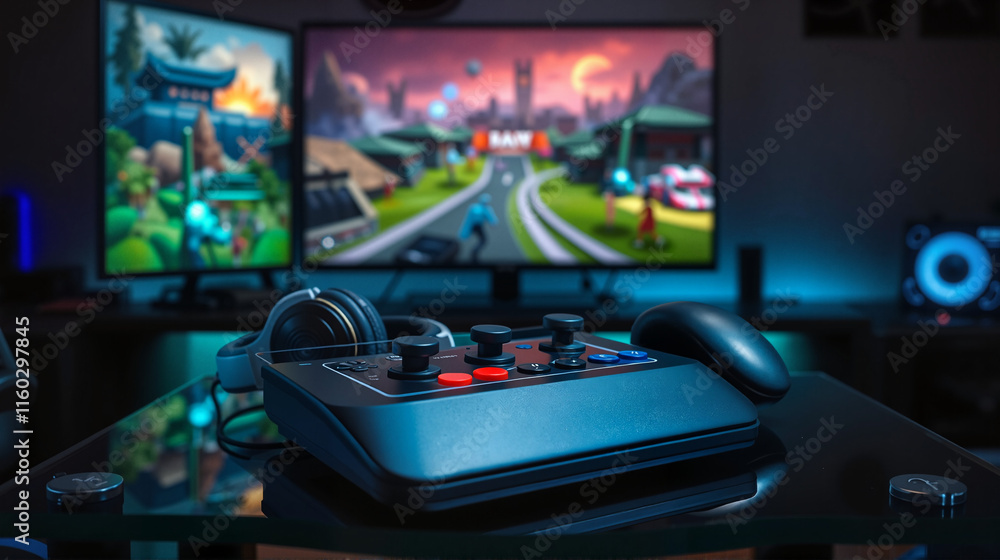 Retro joystick positioned in front of a vibrant gaming screen with colorful graphics and an immersive gaming setup Retro joystick positioned in front of a vibrant gaming screen with colorful graphics and an immersive gaming setup