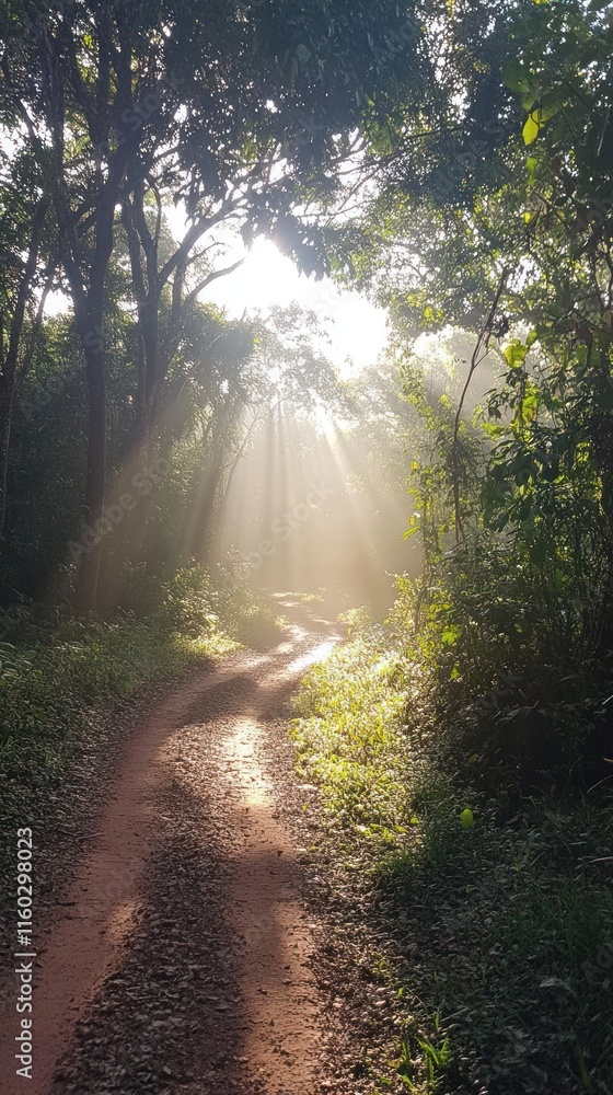 Fototapeta premium Sunbeams illuminate a winding dirt path through a lush, misty forest.
