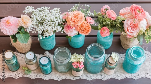 Wallpaper Mural Pastel flowers in teal mason jars on rustic table. Torontodigital.ca
