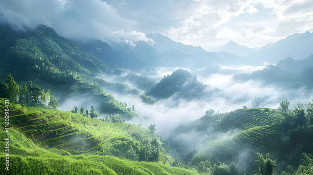Fototapeta premium Lush green terraced hills under a misty sky, showcasing nature's beauty and tranquility.