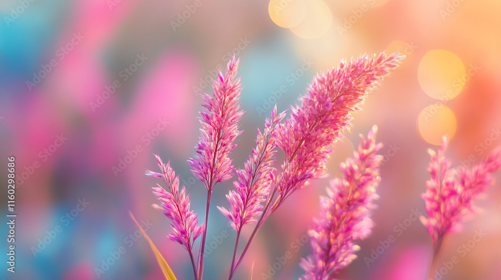 Obraz premium Vibrant pink grass sways gently in a dreamy sunset landscape with bokeh lighting