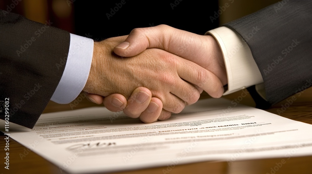 Obraz premium Two businessmen shaking hands over a signed contract.