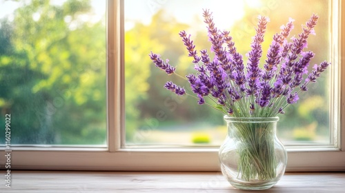 Wallpaper Mural Sunlit lavender bouquet in glass vase on windowsill. Torontodigital.ca